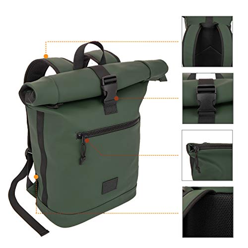 X RAY Roll Top Laptop Backpack for Men Women, PU Leather Expandable Roll Up Backpack Capacity Adjustable 22L & Fits 15.6" Laptop, Dark Olive - color: Dark Olive