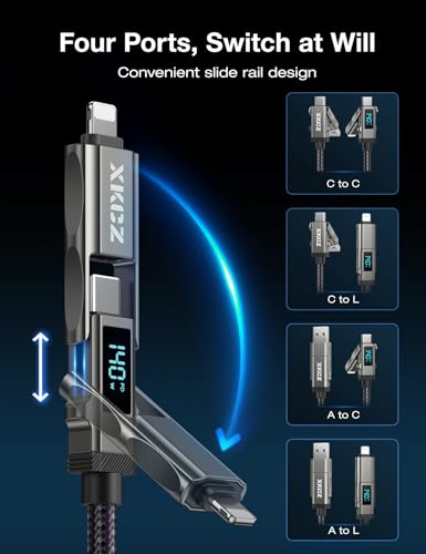 4 in 1 USB C Cable with Wattage Display, 140W Round Nylon Braided Multi Charging Cable with Data Sync, USB C Charging Cord Combo Type C/USB A/iPhone Port for iPhone/iPad/Samsung/Laptop, 5FT - size: 5FT, style: 140W