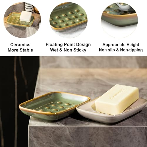 Soap Dish for Shower, Ceramic Soap Dish for Large Soap Bars, Non-Slip Soap Holder & Saver Tray with Floating Point Design for Bathroom, Shower, Kitchen Sink, Save Soap Loss (Pack of 2) - color: Green, size: Floating Point Design (Pack of 2)