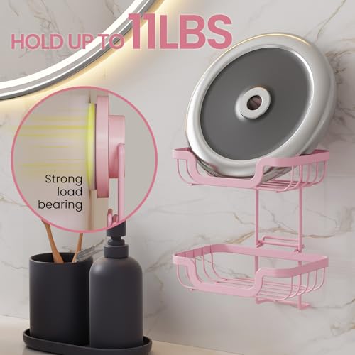 TAILI Soap Holder, Soap Dish Suction Cup with Hooks,Stainless Steel,2 Layer | Soap Dish for Shower, Bathroom Bar soap holder Shower Wall, Stainless Steel Sponge Holder for Tub Kitchen, Pink - color: Pink