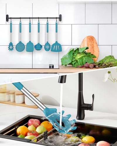 Silicone Cooking Utensils Set, 8 Pcs Kitchen Utensils with Holder, Blue | BPA Free and Heat Resistant, Kitchen Tools for Non Stick Cookware include Spatulas, Turners, Spoons, Skimmer and Pasta Fork - color: Blue