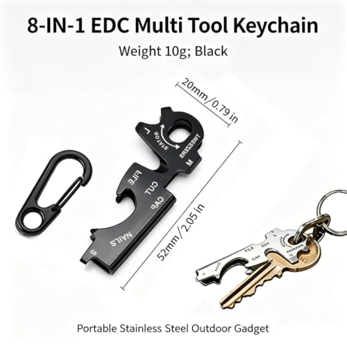 8-in-1 Stainless Steel EDC Keychain Multitool with Tweezers, Screwdrivers, Bottle Opener, Rope Cutter & Nail File, Key Sized Mini Tool for Home Camping Daily Carry, 2 Pack (Black/Silver) - color: Black / Silver