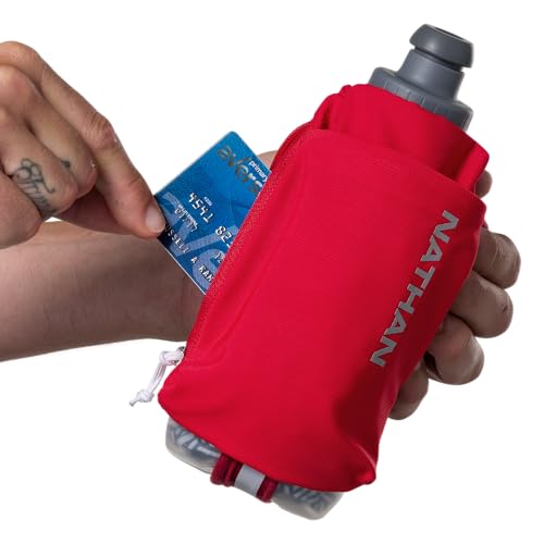 Nathan SpeedDraw 2 Insulated Handheld Running Water Bottle Flask – Double-Wall Insulation, Ergonomic Grip, Blast Valve Cap, Phone & Key Storage Pockets, Reflective Design - 12oz Insulated - Ribbon Red - color: Ribbon Red 12oz Insulated