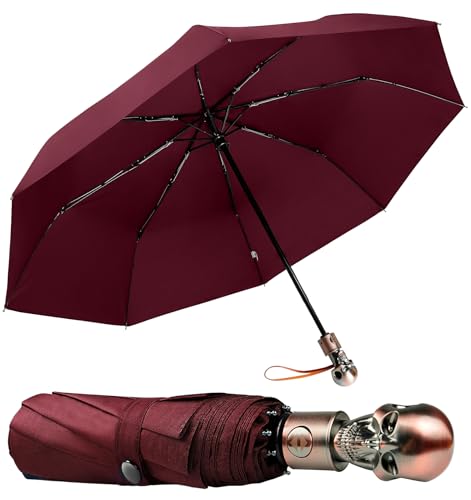 Skull Handle Windproof Travel Umbrella Compact Portable, Auto Open Close | Luxury Gothic Skull Grip with One-Touch Automatic Open, Wind Resistant and Sturdy for Rain, Lightweight to Carry Daily - color: 07.Wine Red