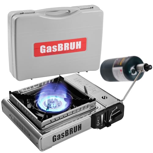 GasBRUH Propane or Butane Camping Stove with Windblocker, Dual Fuel 10,000 BTU Stainess Steel Propane Stove for Camping(TANK not included) - color: S