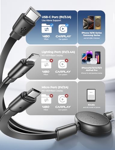 LISEN Multi Charging Cable, Retractable Car Charger for Multiple Devices | 3 in 1 Retractable Charger Cord with Type C/L/Micro USB Ports for iPhone 17 16 15 14/Samsung/Kindle Car Accessories for Women - color: Black, size: 3.7FT
