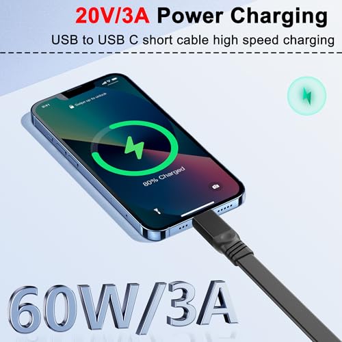 2PCS Short USB A to USB C Cable Flat Type C Cable 3A Fast Charging USB Type C Charging Short Cord for Power Bank,iPad Pro,iPhone 15/16,CarPlay 0.65FT/0.2M