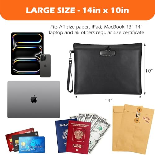 Fireproof Document Bag with Lock - KANCOKIT 14"x10" Fireproof and Waterproof Money Bag with Zipper Closure, Safe Storage Pouch for A4 Documents, Cash, Credit Cards, Passport