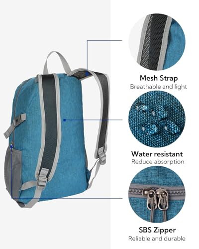 WATERFLY Small Lightweight Packable Backpack: 20l Hiking Daypack Man Woman | 20L,Recycled nylon material,Multi-compartment storage,Water-resistant,Everyday carry,Ultra Light Foldable Travel Day Pack - color: A-teal Blue