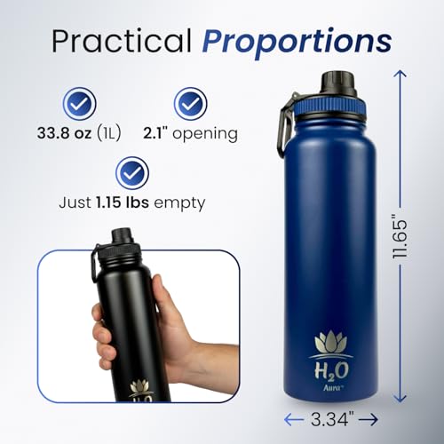 Premium 1 Liter Water Bottle (33.8 oz) with Carrying Case & Strap - Double Wall Vacuum Insulated Stainless Steel Water Bottle - Leakproof Lid, Wide Mouth, BPA-Free, Removable Strainer – Blue - color: Blue