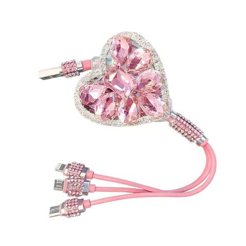 Multi Charging Cable, 3 in 1 Multi Charger Cable with Type-C/Lightning/Micro USB Connectors, Rhinestone Retractable Car Charger Cord, Universal for Most Phones, Tablets (Pink) - color: Pink
