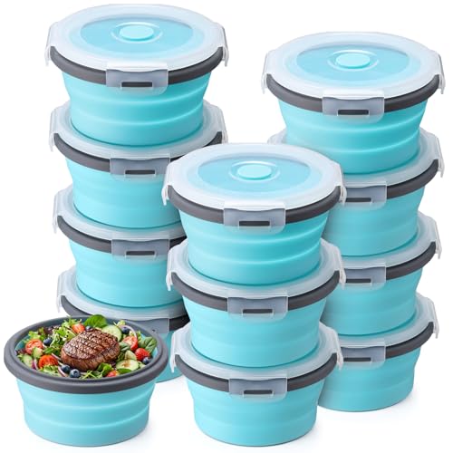 Domensi 12 Pcs Collapsible Bowls with Lids Silicone Camping Food Storage Container Foldable Expandable Folding Salad Lunch Box Leakproof Travel Container for Back to School Hiking Camping, Blue