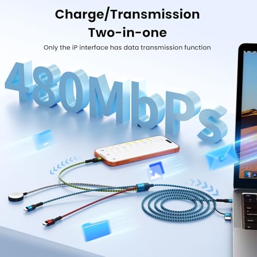 Travel Essentials 4 in 1 Multi Charging Cable for iWatch Charger, 1Pcs 5FT | Travel Charging Cords for Multiple Devices with Dual Type-C/IP/iWatch Charger, Travel Cable for iWatch Ultra/11-2, iPhone17-8 - color: Black&Red&Green&Blue