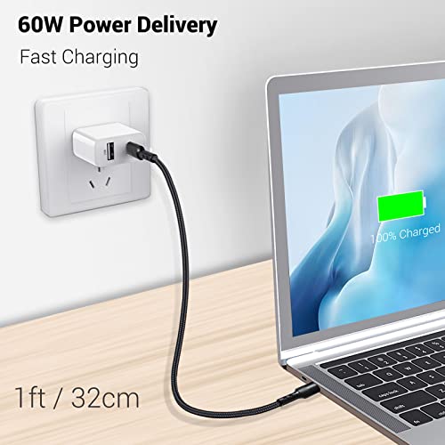 Short USB C to USB C Cable 1FT, 3 Packs, 60W PD Fast Charging | 12 inch Type C Charger Cord, 20V 3A USB 2.0 Data Transfer, Flexible Compatible for Dock Station, Galaxy, Pixel, MacBook