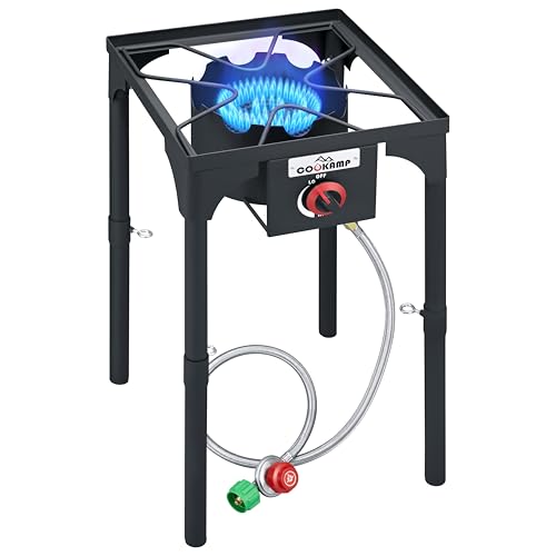 COOKAMP High Pressure Single Propane Burner 55,000BTU Outdoor Camping Stove with 0-20 PSI Adjustable Regulator and Steel Braided Hose (55,000BTU) - style: 55,000BTU
