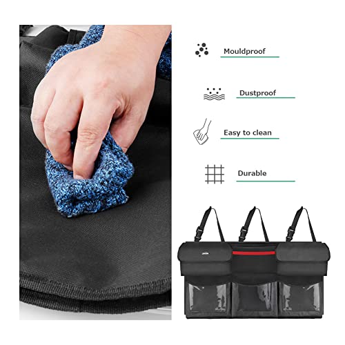 Oasser Trunk Organizer for Car, 6 Storage Compartments 43.3x19in | Clear PVC Pockets, 600D Oxford Cloth, 3 Adjustable Straps, Foldable, for SUV MPV VAN - size: Regular-43.3x19in