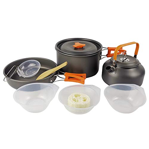 Camping Cookware Set Aluminum Nonstick Portable Outdoor Tableware Kettle Pot Cookset Cooking Pan Bowl for Hiking BBQ Picnic - color: Orange