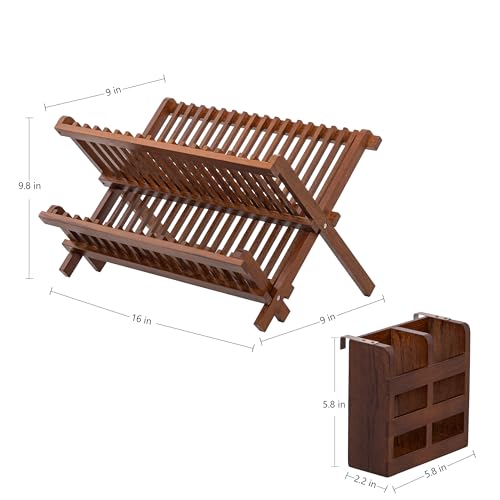 HBlife Dish Rack,Teak Folding 2-Tier Collapsible Drainer Dish Drying Rack with Utensils Flatware Holder Set (Dish Rack with Utensil Holder) - color: Teak-2 Tiers