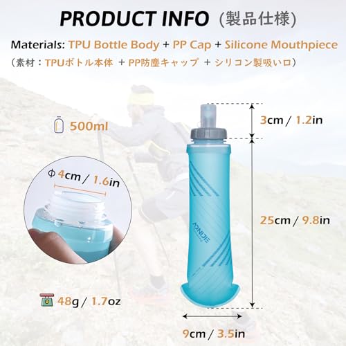 TRIWONDER Soft Flask Collapsible Water Bottles Running Bottle BPA-Free Foldable Handheld Runner Water Flask for Hydration Pack Marathon Hiking Cycling Climbing Travel - color: 500ml/16.9oz - M