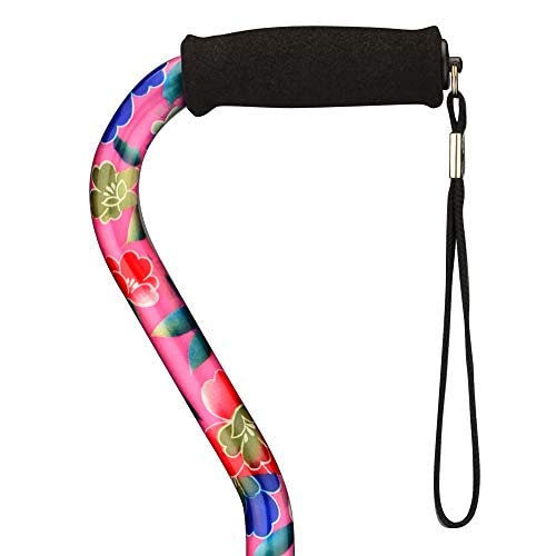 Nova Joy Designer Offset Quad Cane for Seniors - Unisex Adjustable Lightweight Walking Aid with Foam Handle, Wrist Strap and Anti-Rattle Lock - Essential Mobility Support - Pink Garden - color: Pink Garden