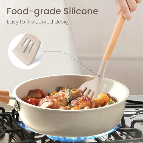 NCUE 26-Piece Food Grade Silicone Kitchen Utensils Set with Wooden Handles - color: Khaki-B, size: 26 Piece