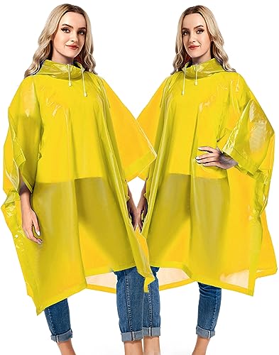 2 Pack Rain Ponchos for Adults Reusable - Raincoats Survival Emergency Heavy Duty Rain Coat with Drawstring Hood - color: Black&yellow
