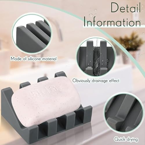 Silicone Soap Dish, Bar Soap Holder for Shower Bathroom, Kitchen, Bathtub, Self Draining Waterfall Drying Tray Keep Soap Bars Dry Clean & Easy Cleaning (Grey) - color: Grey
