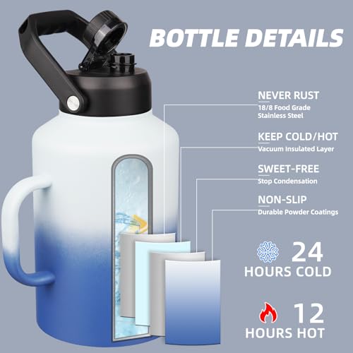 BJPKPK 128oz Stainless Steel Water Bottle, 1 Gallon Insulated Water Jug - color: Sky, style: 128oz-Side Handle