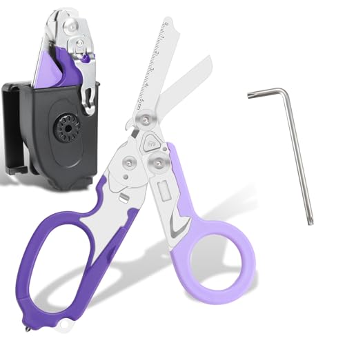 6-in-1 Multifunction Trauma Shears for emergency responders, outdoor emergencies, medical staff and outdoor camping, Foldable High-Strength Stainless Steel Scissors Tools With Utility Holster (Purple) - color: Purple