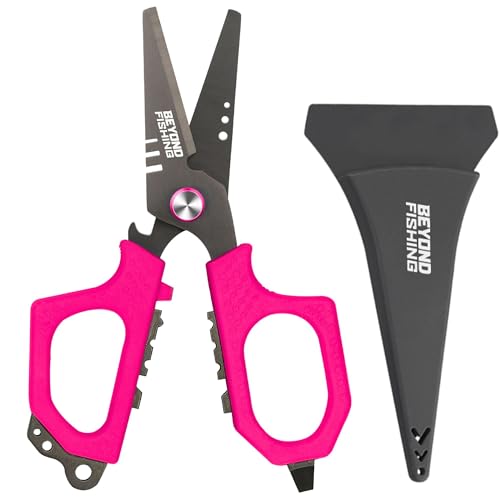 Beyond Fishing 6.5" Pro Fishing Shears Dual Serrated Blades, Fishing Braided Line Scissors with Titanium Coating, Non-Slip Grip & Multifunction Tool, Includes Hard Molded Locking Sheath - color: Pro - Pink