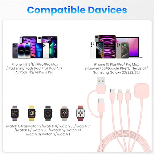 6in1 Multi Charging Cable 10FT, Magnetic Charger for Apple Watch Ultra/SE/9/8/7/6/5/4/3/2/1, Multiple Charger Cord for iPhone 15/14/13/12/11/Galaxy/Pixel, Pink USB A/C Universal Travel Charger - color: Pink