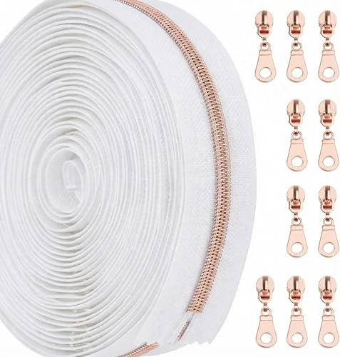 Sawoake 10 Yards Bulk Zipper(#5) Rose Gold Teeth with White Nylon Coil Zipper By The Yards,Can Replace 10PCS Sliders - color: Rose Gold-White-1