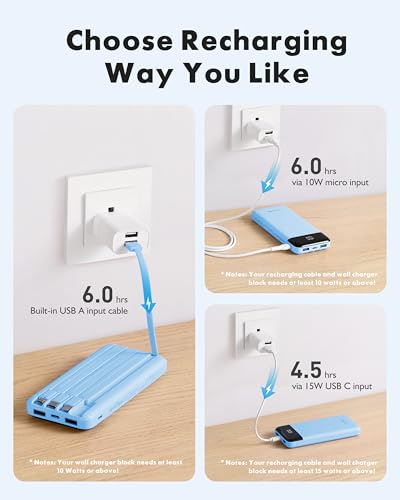 charmast Power Bank Portable Charger with Reinforced Built-in 4 Cables | 3A Fast Charging,10000mAh,6 Outputs 3 Inputs,Travel Essentials,TSA Compliant,LED Display,compatible with iPhone Samsung Moto - color: SkyBlue