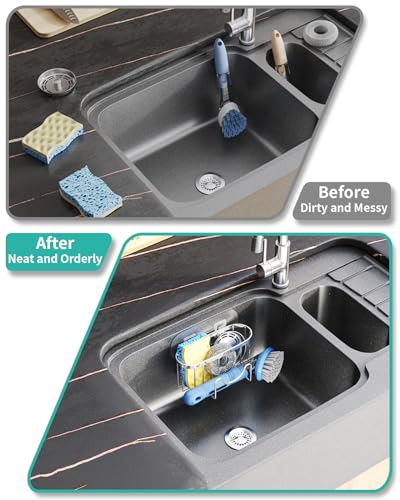 HapiRm Multifunctional Adhesive Kitchen Sink Organizer with M-Shaped, 2 Installation Methods Kitchen Sponge Holder, Rustproof Sponge Caddy for Brush, Sink Stopper and Scraper -Silver - color: Silver, size: with M-shaped Holder