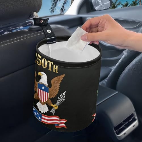 250TH of America Flag Eagle Car Rubbish Bag Can Reusable Hanging Auto Garbage Organization Can Bin with Adjustable Strap for Camping - color: 250TH of America Flag Eagle