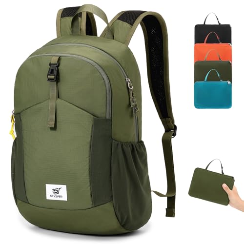 SKYSPER Small Packable Hiking Backpack 20L Anti-theift Travel Daypack | RFID Ultralight Foldable Walking Backpack with Water Bottle Holder, Nylon, Multi-compartment, Everyday Carry for Men Women - color: Armygreen