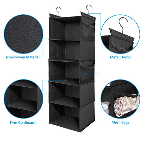 MAX Houser 5-Shelf Hanging Closet Organizer with 4 Side Pockets, Black | Foldable Fabric Hanging Shelves for Closet, Cloth Hanging Shelves with 2 sturdy hanging hooks, Small Space Saver - color: Black