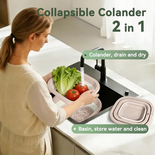 Collapsible Colander and Sink Basin Set - 2 in 1 Collapsible Colander Strainer with Collapsible Wash Basin for Kitchen, RV Camping, Foldable Fruit Vegetable Washing Basket, 4 QT, Pink - color: Pink, size: M-4QT