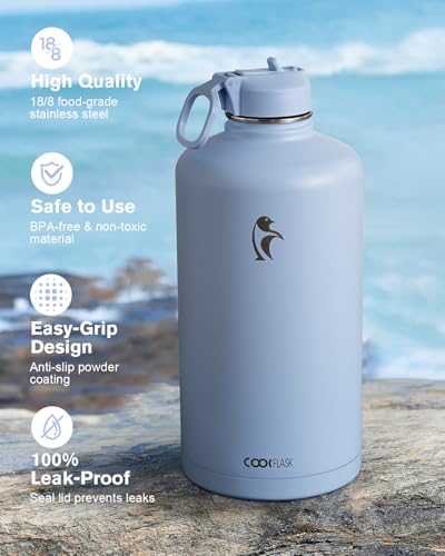 Coolflask 128 oz Gallon Water Bottle Insulated with Straw & 3 Leakproof Lid - color: Light Blue, size: 128 Ounces