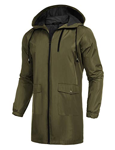 COOFANDY Men's Long Raincoat Ligtweight Rain Jacket Waterproof Outdoor Jackets with Hood - color: Olive Green, size: Small