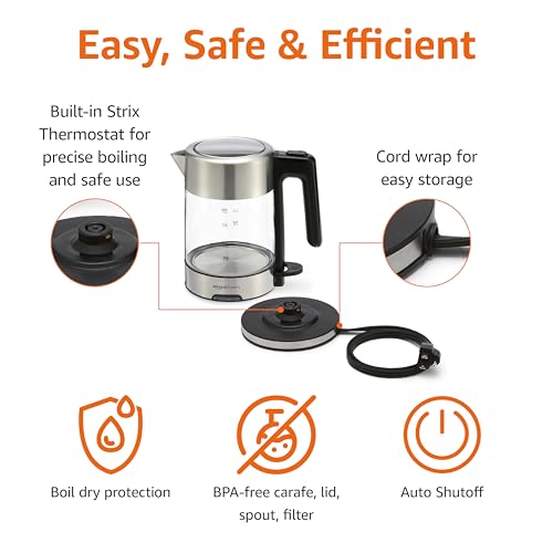 Amazon Basics Electric Kettle with Glass Carafe for Tea and Coffee, Fast Boiling, Auto Shut-Off, Boil-Dry Protection, Temperature Control, Removable Filter, 1 Liter, 1500W, BPA-Free - size: 1.1 Quarts, style: Glass Carafe