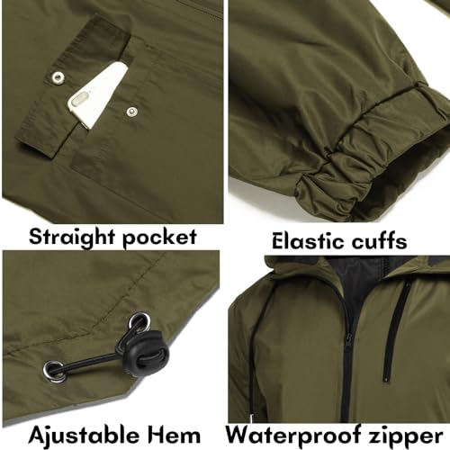 COOFANDY Men's Long Raincoat Ligtweight Rain Jacket Waterproof Outdoor Jackets with Hood - color: Olive Green, size: Small