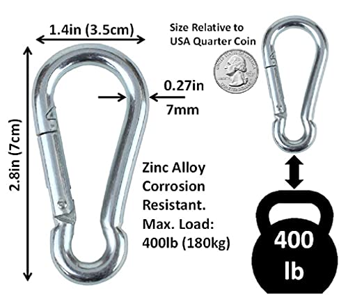 Black & Silver Zinc-Galvanized Heavy Duty Bushcraft Carabiner Spring Snap Clip Link Hooks 200-500lb Load 2, 6 & 12 Packs - color: 7cm (2.8in) Silver 12 Pack