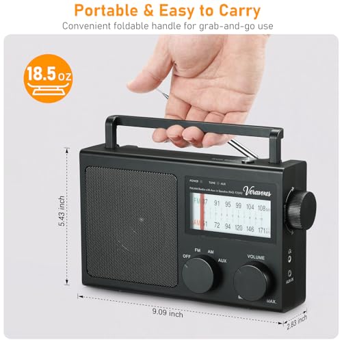 Portable AM/FM Radio with Bass Control, Equipped with a Built-in high-Power Speaker, Headphone Jack, and AUX Audio Input, Supports Battery or AC Power Operation (Black) - color: Black