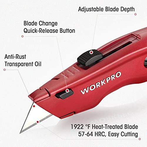 WORKPRO Premium Utility Knife, Retractable All Metal Heavy Duty Box Cutter, Quick Change Blade Razor Knife, with 10 Extra Blades - color: Red