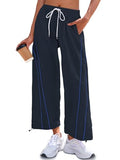 Fisoew Womens Baggy Wide Leg Casual Elastic Waist Cropped Pants - color: Navy, size: Medium