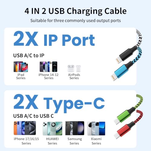 4 in 2 Multi Charging Cable,USBA/ C Charging Cords for Multiple Devices - color: White&Green&Red&Blue