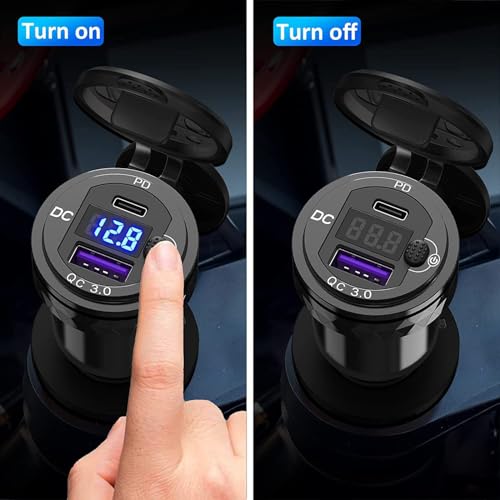Motorcycle DIN/Hella USB Charger (NOT for Car Cigarette Socket), 36W PD3.0 & 18W QC3.0 Power Adapter with Switch, Voltmeter, Waterproof USB-C & USB-A Plug for BMW Ducati Triumph