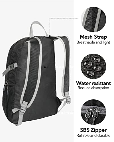 WATERFLY Small Lightweight Packable Backpack: 20l Hiking Daypack Man Woman | 20L,Recycled nylon material,Multi-compartment storage,Water-resistant,Everyday carry,Ultra Light Foldable Travel Day Pack - color: Black