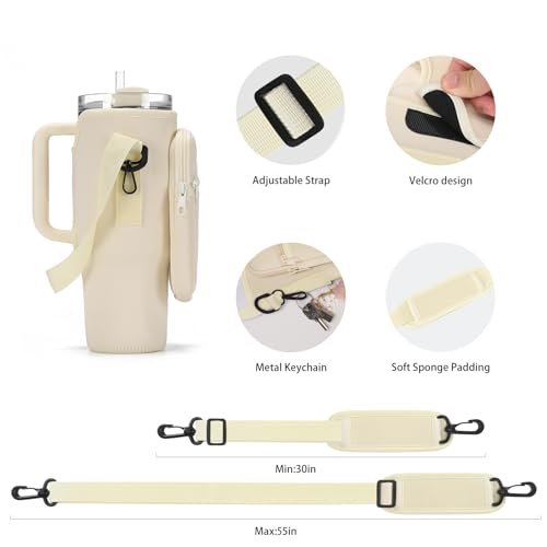 GOEWY Water Bottle Carrier Bag for Stanley Cup 40/30oz with Phone Pockets - color: Creamy, size: 30oz